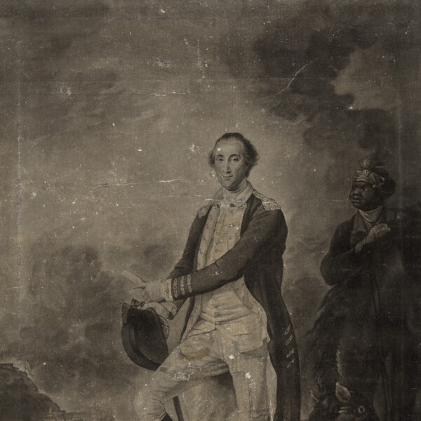 Detail from mezzotint depicting full-body portrait of General George Washington with an African or African American man behind him holding his horse.