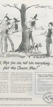 Cartoon of hillbillies with guns looking at an emotionless census taker.