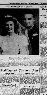 Newspaper story with wedding announcement featuring photograph of the bride and groom.