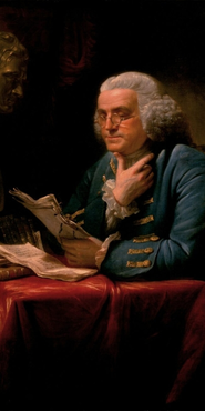 Painting showing Benjamin Franklin studiously reading a a collection of papers