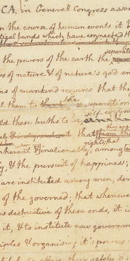 Jefferson's Draft of Declaration of Independence showing crossouts and insertions
