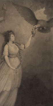 Female embodiment of liberty offering a chalice to an eagle