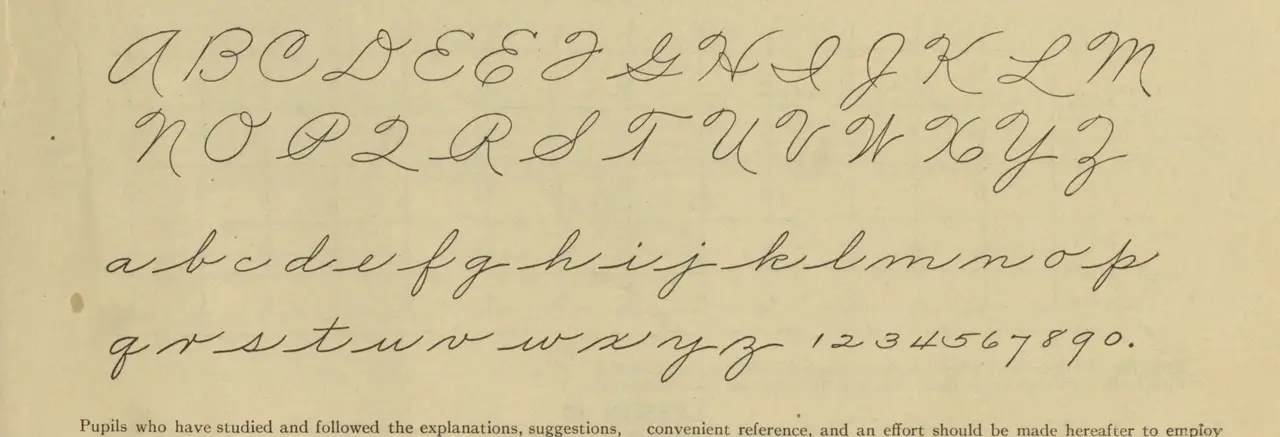 A sample alphabet with capital and lower case letters as well as numbers. A. N. Palmer, The Palmer Method of Business Writing. (New York: The A. N. Palmer Company, 1901), 23.