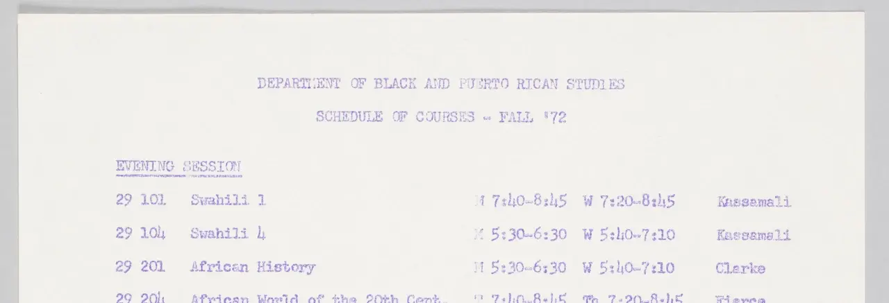 A typed list of Black and Puerto Rican Studies courses for the Fall 1972 semester, pale blue type on a piece of copy paper
