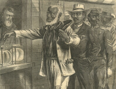 Image from illustrated 19th-century magazine showing line of Black men casting their vote