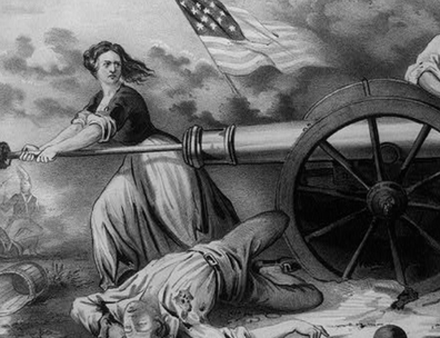 Engraving of Margaret Corbin using a rammer on a cannon during the Battle of Monmouth. Her husband lies dead at her feet. An American flag is in the background.