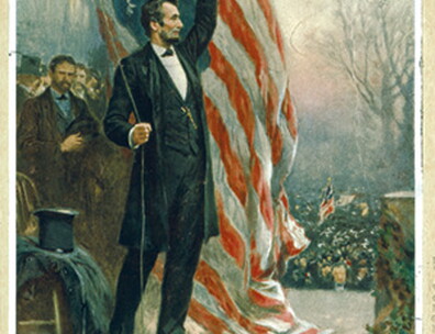 "Abraham Lincoln at Independence Hall," based on a painting by Jean-Leon-Gerome Ferris, printed by Gerlach-Barklow Co., Joliet, Illinois, 1908 (Library of Congress)