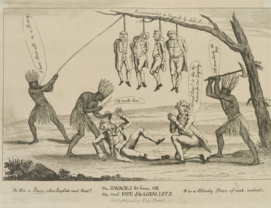 ca. 1783 political cartoon showing two Native Americans scalping and lynching a number of loyalists despite the peace 