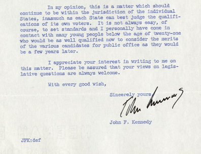 Bottom half of a response to a constituent letter from John F. Kennedy