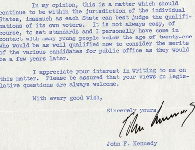 Signed Letter by John F Kennedy Justifying Position on Voting Age