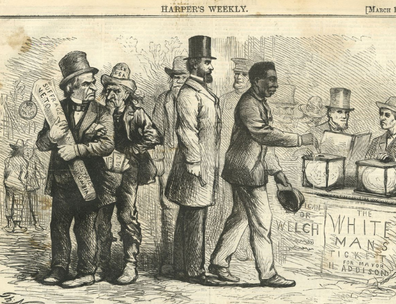 Political cartoon in Harper's Weekly from 1867 depicting an African American voting, 