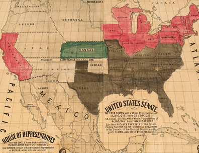 Lithograph map of the United States from ca. 1856 showing the division of free and slave states with handcoloring. Text in the map employs statistics to lament the disproportionate representation of the slave states.