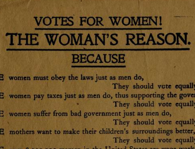 Detail view from a broadside that lists the arguments for why women should be allowed to vote