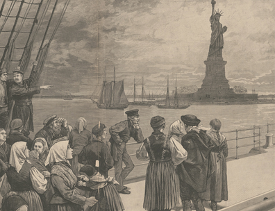 Print from 1887 showing immigrants at Ellis Island with the Statue of Liberty in the background