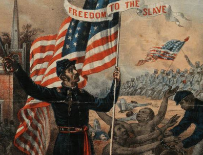 Civil War recruitment poster showing soldier waving a flag and banner saying "Freedom to the Slave"