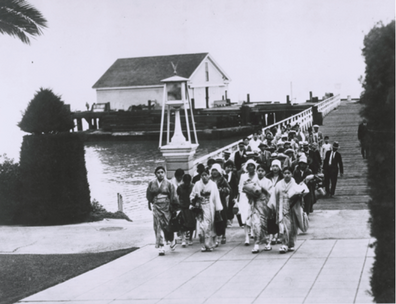 A group of immigrants arriving at Angel Island.