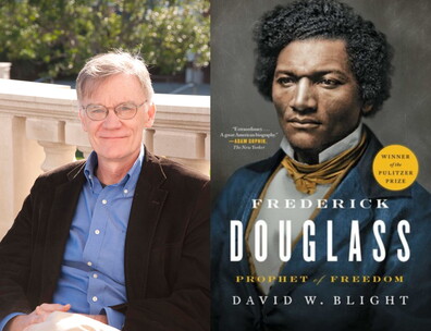 David Blight, author, shown with book cover to Frederick Douglass: Prophet of Freedom