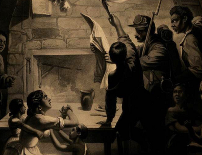 Lithograph from 1864 depicting a black family gathered together, reading a newspaper