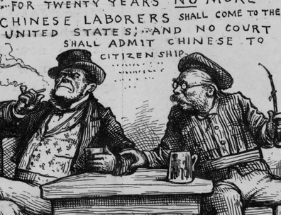 Political cartoon depicting dehumanized caricature of two Irishmen discussing the Chinese Exclusion Act
