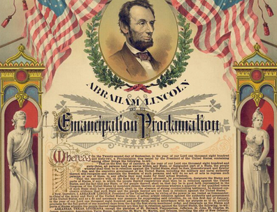 Decorative copy of the Emancipation Proclamation from 1888, featuring portrait of Lincoln above text of the proclamation