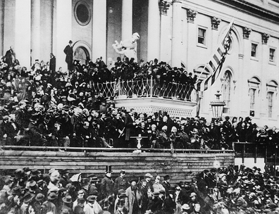 Black and white photograph showing Lincoln's Second Inaugural address, delivered at the east portico of the U.S. Capitol