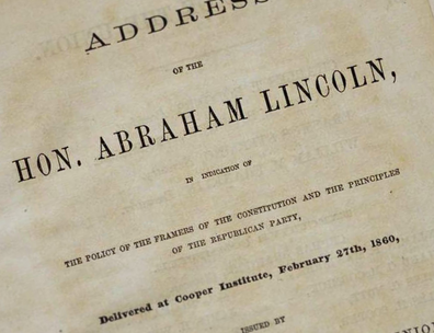 Title page of Abraham Lincoln's address at Cooper Institute on subject of Constitution and Republican Party