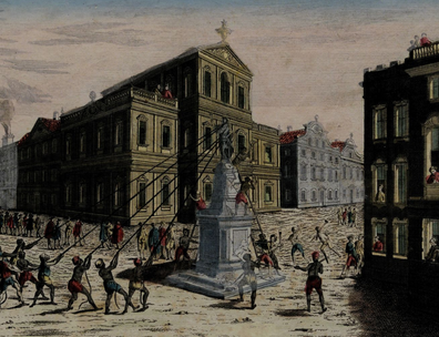 Print of the New York Sons of Liberty destroying a statue of King George III. 