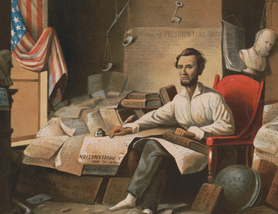 Lithograph showing Abraham Lincoln in a messy office writing the Emancipation Proclamation
