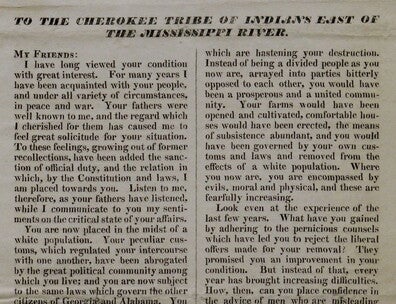 Printed letter from Andrew Jackson to the Cherokee tribe.