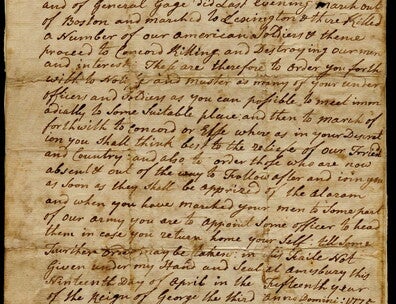 Letter written by colonel Isaac Merrill to Captain John Currier regarding Lexington and Concord