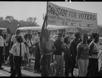 Marchers with SCLC sign for the Savannah Freedom Now Movement, during the March on Washington, 1963