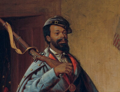 A painting of a bearded Black soldier with a slight smile on his face, wearing a blue Union Army uniform (jacket, coat, pants, and hat), holding a rifle on his right shoulder with a slight smile on his face.