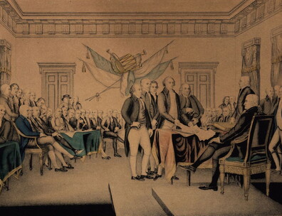 One print entitled The Declaration of Independence July 4th 1776 dated circa 1850. This image is a gathering of men and is considered to be depicting the signing or presentation of the Declaration of Independence.
