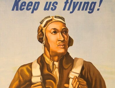 A poster with a drawing of a Black aviator wearing a brown uniform and gray flight vest. Above the aviator is the phrase "Keep us flying!" in italics. Below is "BUY WAR BONDS" in a blue box.