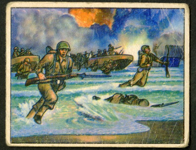One trading card from the Red Menace collection, "6. Landing at Inchon," depicting "GI" soldiers arriving on the shores of Inchon.