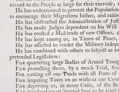 Select view of printed Declaration focused on grievances list