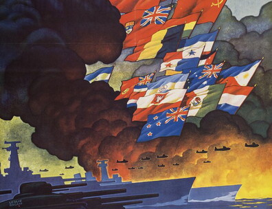Flags of the member nations of the United Nations wave amidst smoke of a bombardment, with military airplanes, ships and tanks in background.