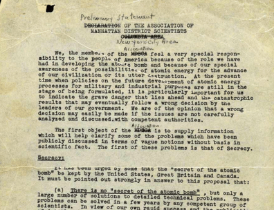 Preliminary statement of the Association of Manhattan District Scientists that outlines the dangerous consequences of a nuclear arms race