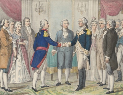 A nineteenth-century print showing George Washington, at right, shaking the hand of General Lafayette in front of a gathered crowd.