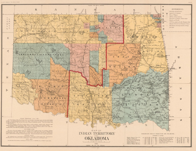 Multicolored map of the Oklahoma and Indian Territories, divided by a red line.