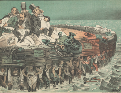 four men in suits sitting atop bags of money, in turn hoisted up by working people in simple uniforms.