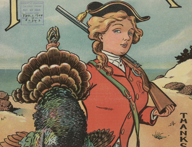 Puck magazine cover illustrating person in Colonial garb holding a dead turkey