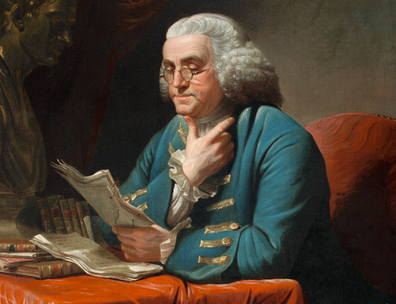 painting of Benjamin Franklin sitting at a table reading 