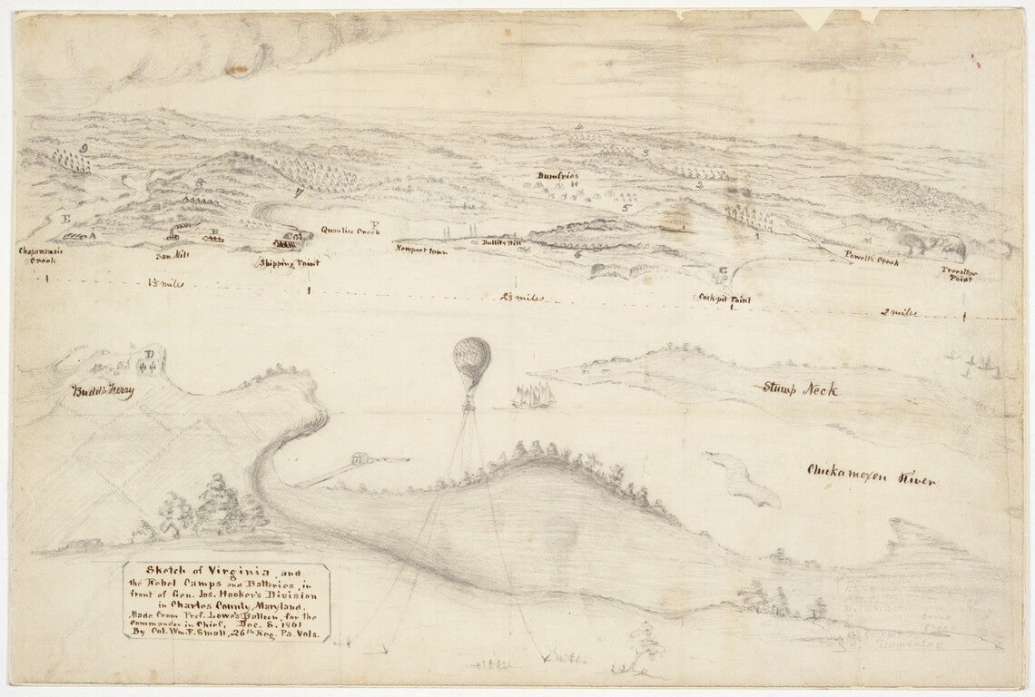  Hand-drawn map of Virginia in December 1861 showing the location of General Hooker’s division. Drawing has hills, fields, bodies of water, and the hot air balloon in pencil, with camps labeled in ink. 