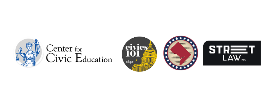 Logos for the Center for Civic Education, Civics101 podcast, Fort Circle Games, and StreetLaw