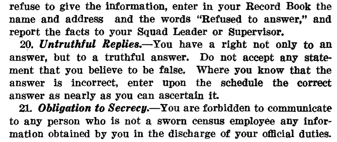 Text from Census Instructions discussing what to do if somebody was untruthful