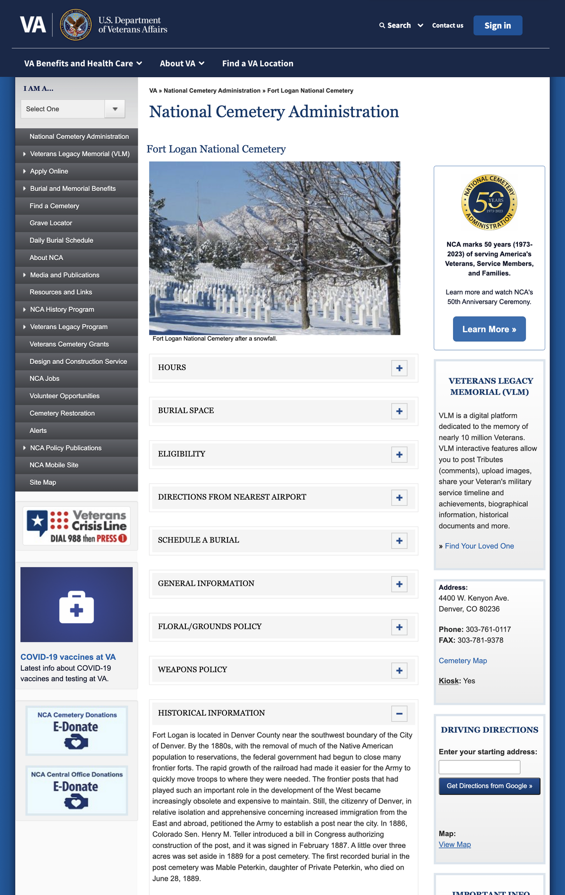 View of the Fort Logan National Cemetery webpage on the NCA website
