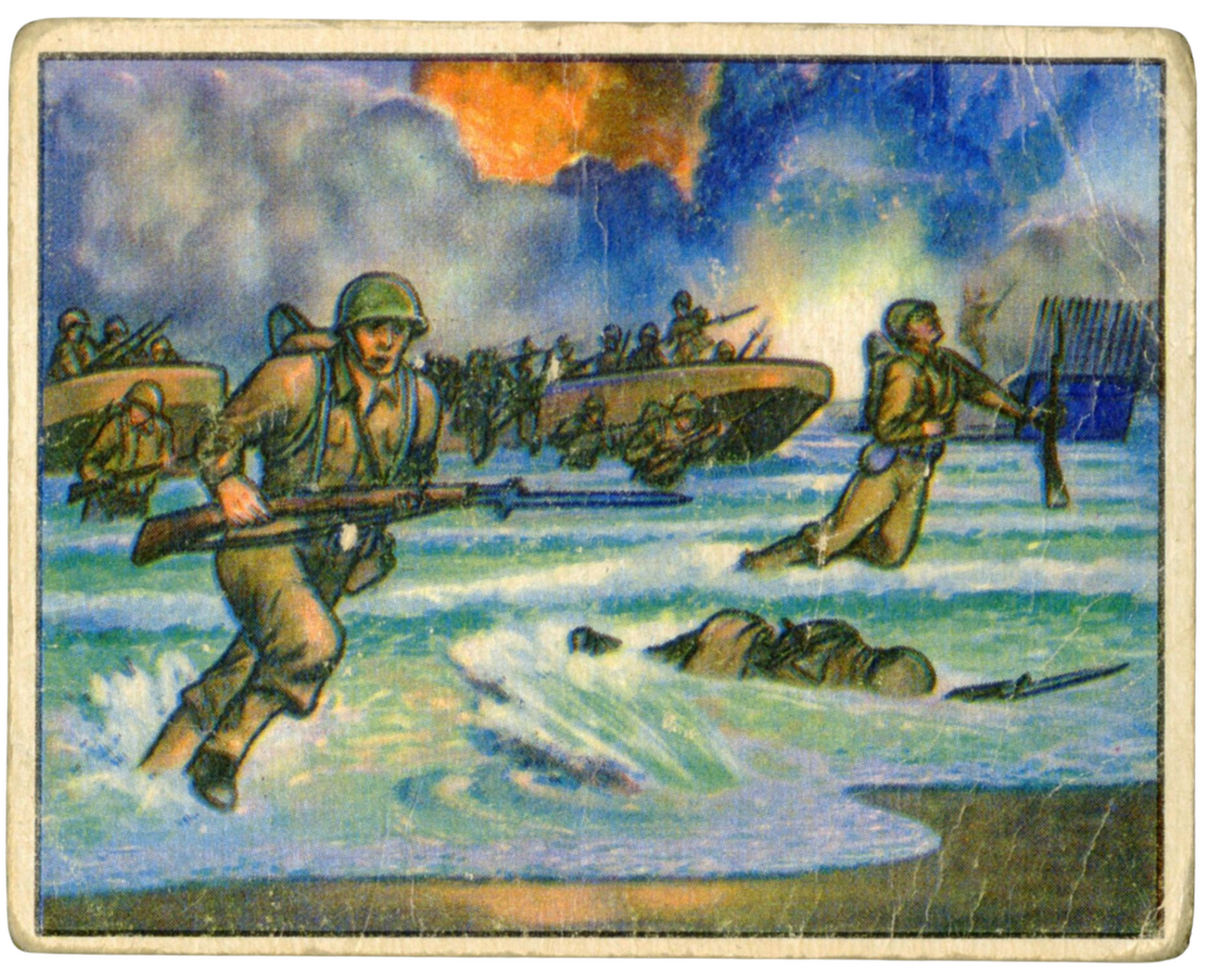 One trading card from the Red Menace collection, "6. Landing at Inchon," depicting "GI" soldiers arriving on the shores of Inchon.