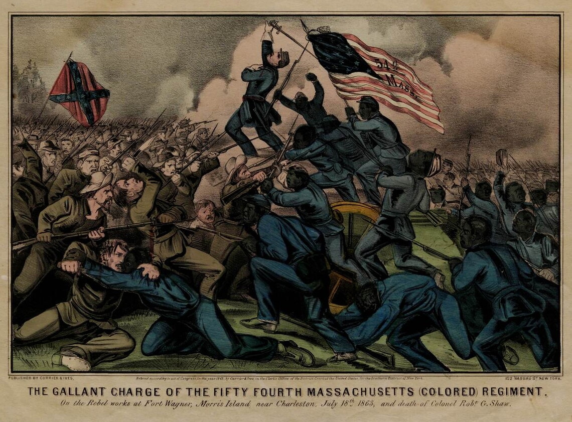 Print portraying African American soldiers carrying a United States flag which reads "54th Mass" on the stripes section of the flag as they meet a battle line of Confederate troops.
