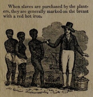 Close up view of vignette from a broadside depicting the treatment of the physical and mental violence of enslaved Africans.